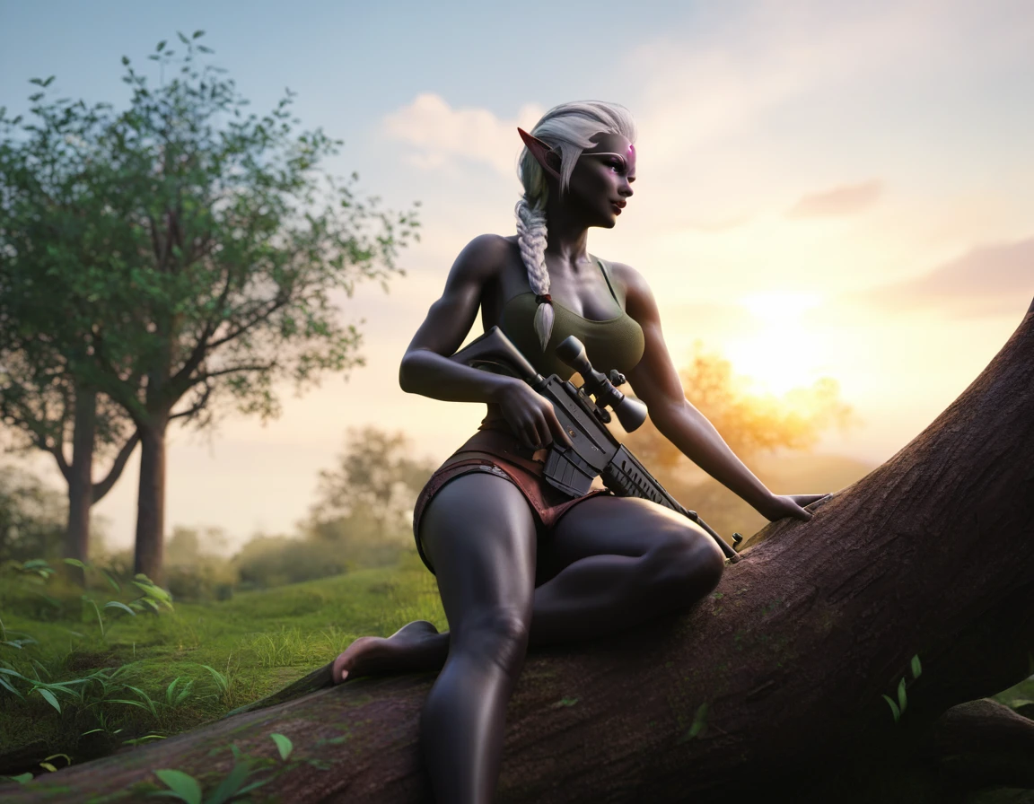 a portrait picture of a 1single female drow elf sniper, lying on a tree branch aiming a sniper rifle, an exotic beautiful elf sniper, white hair, braided hair, (black skin: 1.3),  intense purple eyes, ultra detailed face, small pointed ears, forest green camouflage cloths, on top of a epic fantasy tree, aiming a Barret M82, fantasy fores background, its sunset, sun rays, some clouds,  (full body shot: 1.1) , vibrant, Ultra-high resolution, High Contrast, (masterpiece:1.5), highest quality, Best aesthetics), best details, best quality, highres, ultra wide angle, 16k, [ultra detailed], masterpiece, best quality, (extremely detailed) Sniper Rifle, Intense gaze
