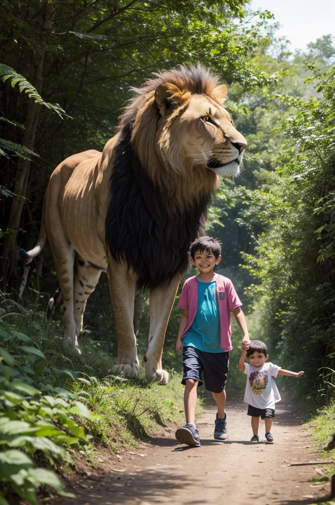 An image of Arthur, a smiling little boy with messy hair and colorful clothes, walking through the forest next to Mr.. Romulo, a large, majestic lion with a friendly expression.