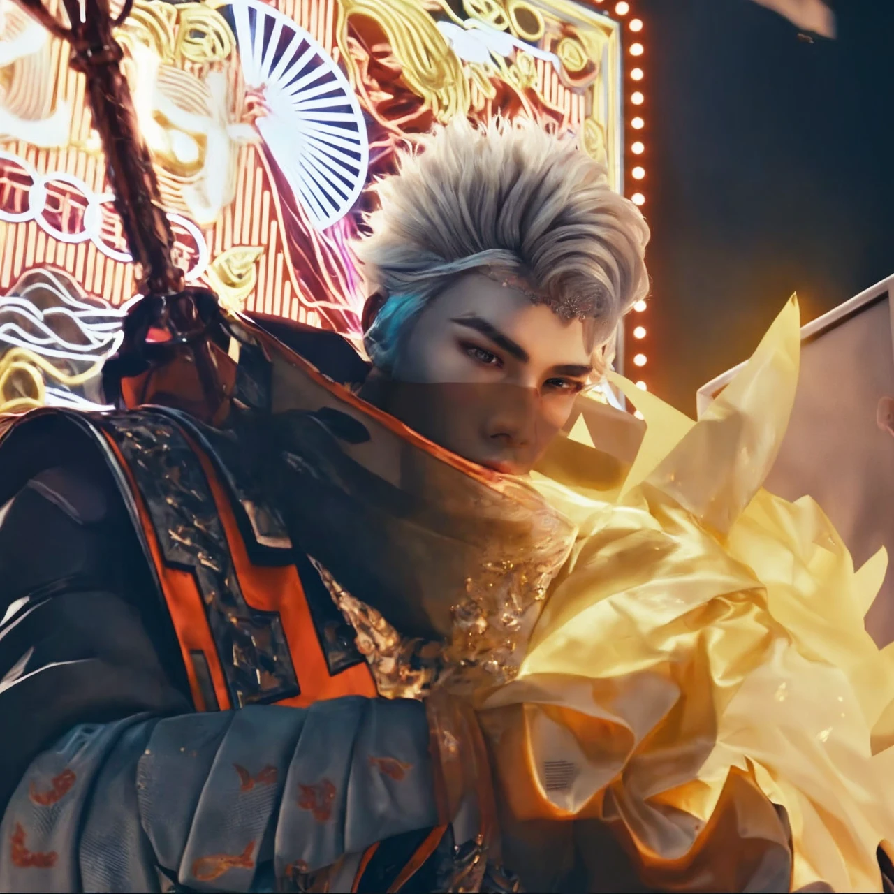 Hyunstayv2, frontal, sparkling, split lips, (blonde hair:1.2), white and gold royal prince clothing, ruffled outfit, (ultra realistic:1.2), (close-up photo:1.1), (bed background:1.2), (intricate:1.2), (looking at the viewer:1.2),
