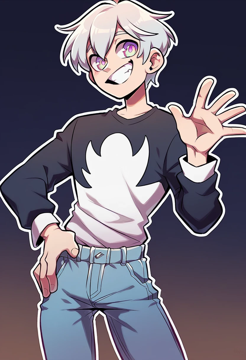 YouTuber, short hair, dark colorful eyes, standing happily with his hand hip and hand waving, plain white tee shirt, black jeans, big smile, plain white background, male , adult male, white outline