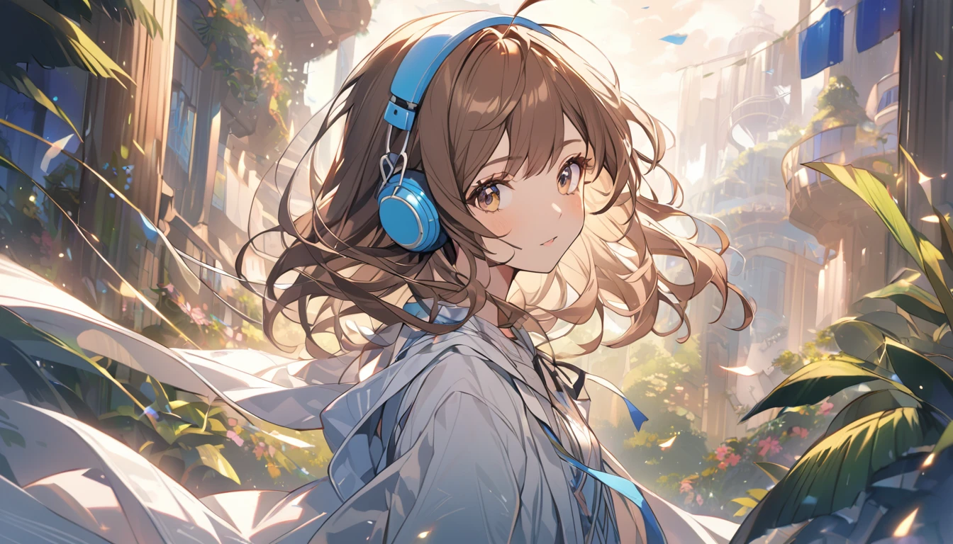 Girl wearing headphones,Brown Hair,1 person,bright,Detailed Background,「The wind that surrounds the heart」 - Let yourself go with the gentle breeze