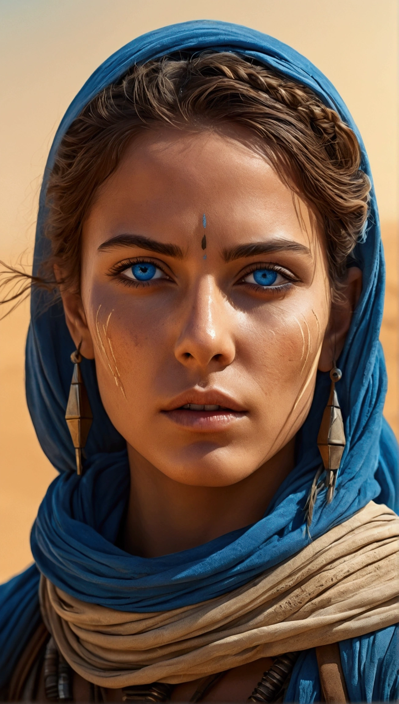 ultra detailed minimalist digital line art watercolor rendering of a beautiful futuristic desert nomad, beautiful detailed symmetrical BLUE eyes, sand color clothes/ detailed gorgeous face, Apocalyptic environment and sandstorm, spatter, MAD MAX WORLD style, Wadim Kashin style, john william waterhouse, Luminous Studio graphics engine core image, DOF, golden hour time, 8k, estética de iluminação Soft, edge-to-edge print, volumetric lighting, Tanvir Tamim, cinematic, coloured background, conceptual artwork, dramatic lighting, high détail, highy detailed, hyperrealisti, octane rendering, Soft, studio lighting, trends on ArtStation
