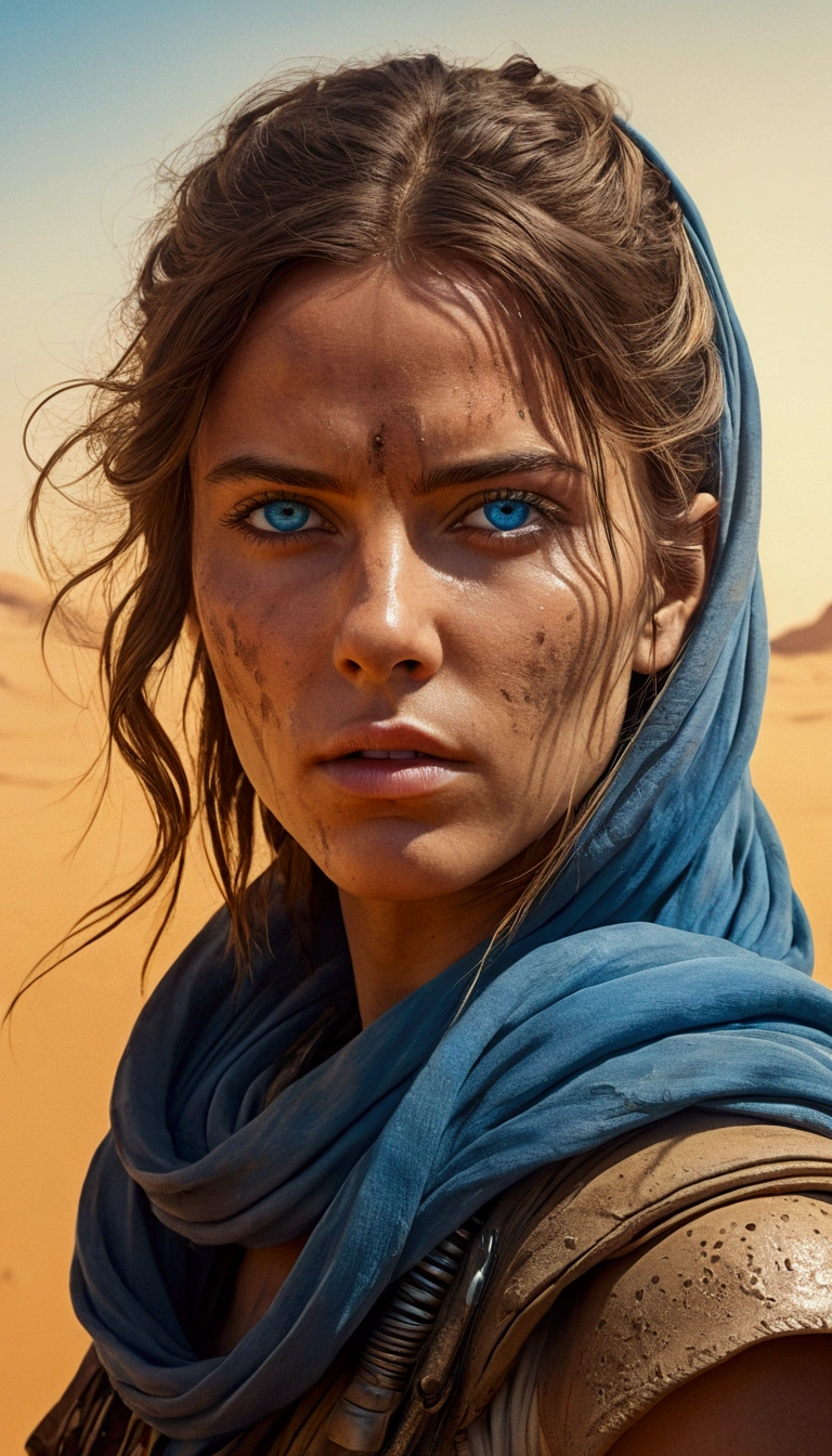 ultra detailed minimalist digital line art watercolor rendering of a beautiful futuristic desert nomad, beautiful detailed symmetrical BLUE eyes, sand color clothes/ detailed gorgeous face, Apocalyptic environment and sandstorm, spatter, MAD MAX WORLD style, Wadim Kashin style, john william waterhouse, Luminous Studio graphics engine core image, DOF, golden hour time, 8k, estética de iluminação Soft, edge-to-edge print, volumetric lighting, Tanvir Tamim, cinematic, coloured background, conceptual artwork, dramatic lighting, high détail, highy detailed, hyperrealisti, octane rendering, Soft, studio lighting, trends on ArtStation