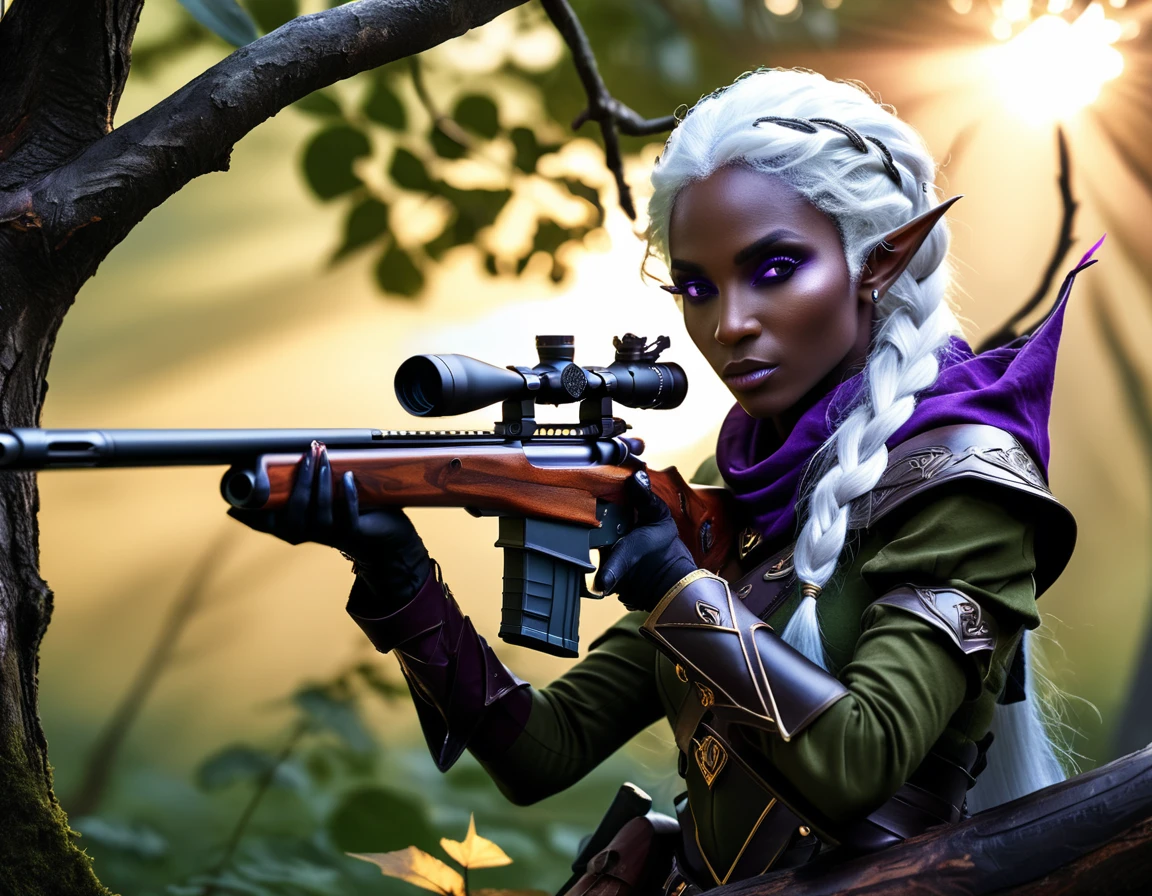 a portrait picture of a 1single female drow elf sniper, lying on a tree branch aiming a sniper rifle, an exotic beautiful elf sniper, white hair, braided hair, (black skin: 1.3),  intense purple eyes, ultra detailed face, small pointed ears, forest green camouflage cloths, on top of a epic fantasy tree, aiming a Barret M82, fantasy fores background, its sunset, sun rays, some clouds,  (full body shot: 1.1) , vibrant, Ultra-high resolution, High Contrast, (masterpiece:1.5), highest quality, Best aesthetics), best details, best quality, highres, ultra wide angle, 16k, [ultra detailed], masterpiece, best quality, (extremely detailed) Sniper Rifle, Intense gaze
