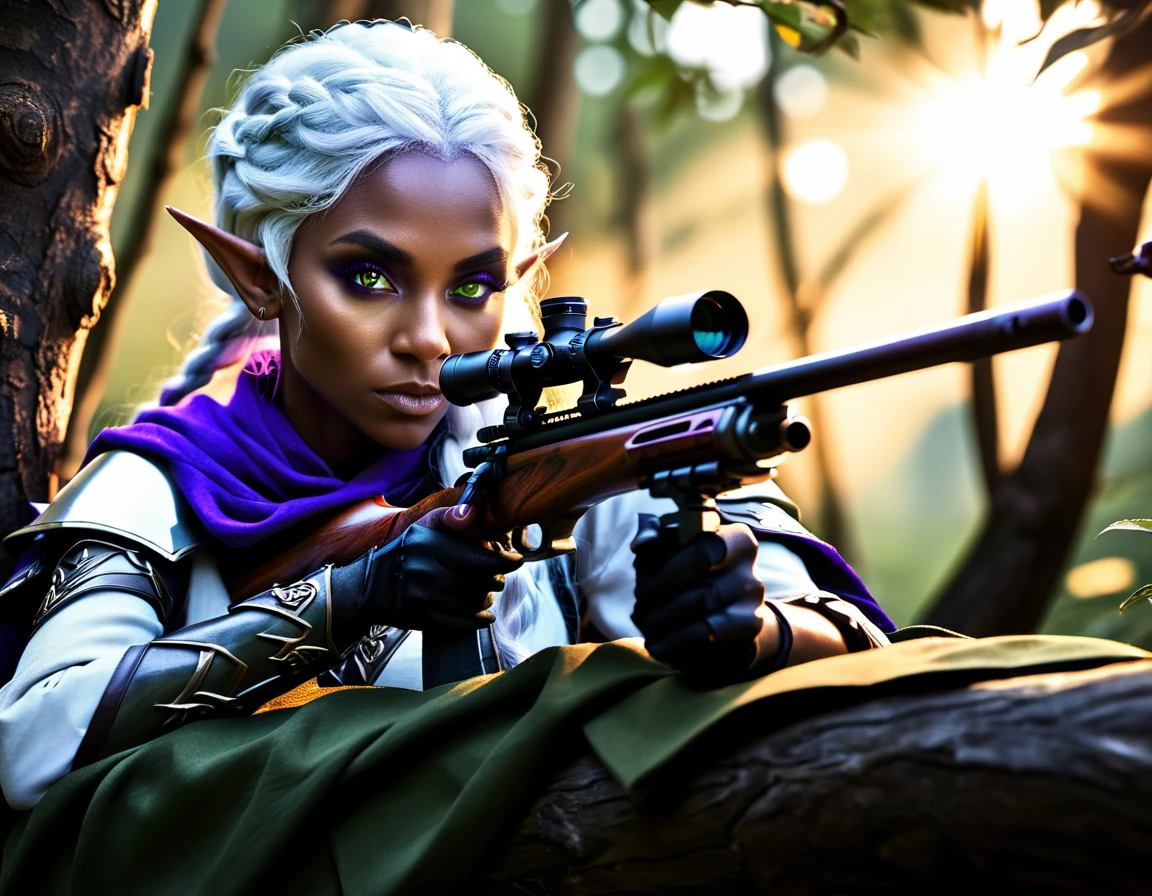 a portrait picture of a 1single female drow elf sniper, lying on a tree branch aiming a sniper rifle, an exotic beautiful elf sniper, white hair, braided hair, (black skin: 1.3),  intense purple eyes, ultra detailed face, small pointed ears, forest green camouflage cloths, on top of a epic fantasy tree, aiming a Barret M82, fantasy fores background, its sunset, sun rays, some clouds,  (full body shot: 1.1) , vibrant, Ultra-high resolution, High Contrast, (masterpiece:1.5), highest quality, Best aesthetics), best details, best quality, highres, ultra wide angle, 16k, [ultra detailed], masterpiece, best quality, (extremely detailed) Sniper Rifle, Intense gaze
