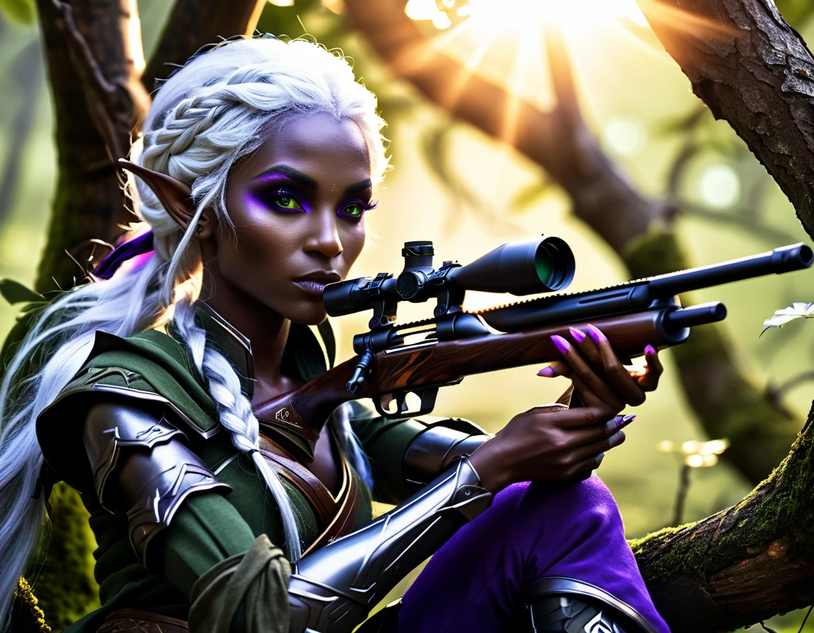 a portrait picture of a 1single female drow elf sniper, lying on a tree branch aiming a sniper rifle, an exotic beautiful elf sniper, white hair, braided hair, (black skin: 1.3),  intense purple eyes, ultra detailed face, small pointed ears, forest green camouflage cloths, on top of a epic fantasy tree, aiming a Barret M82, fantasy fores background, its sunset, sun rays, some clouds,  (full body shot: 1.1) , vibrant, Ultra-high resolution, High Contrast, (masterpiece:1.5), highest quality, Best aesthetics), best details, best quality, highres, ultra wide angle, 16k, [ultra detailed], masterpiece, best quality, (extremely detailed) Sniper Rifle, Intense gaze
