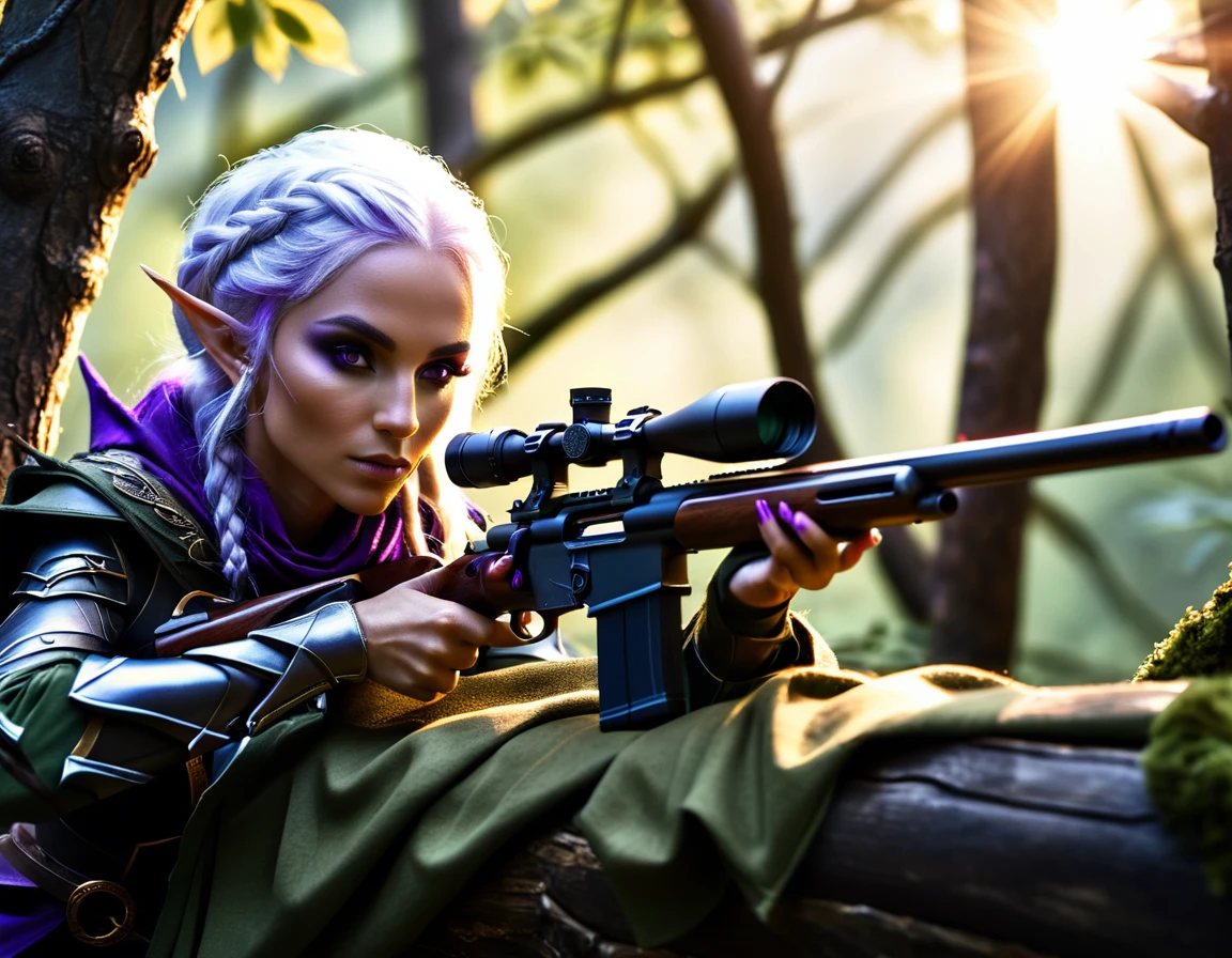 a portrait picture of a 1single female drow elf sniper, lying on a tree branch aiming a sniper rifle, an exotic beautiful elf sniper, white hair, braided hair, (black skin: 1.3),  intense purple eyes, ultra detailed face, small pointed ears, forest green camouflage cloths, on top of a epic fantasy tree, aiming a Barret M82, fantasy fores background, its sunset, sun rays, some clouds,  (full body shot: 1.1) , vibrant, Ultra-high resolution, High Contrast, (masterpiece:1.5), highest quality, Best aesthetics), best details, best quality, highres, ultra wide angle, 16k, [ultra detailed], masterpiece, best quality, (extremely detailed) Sniper Rifle, Intense gaze
