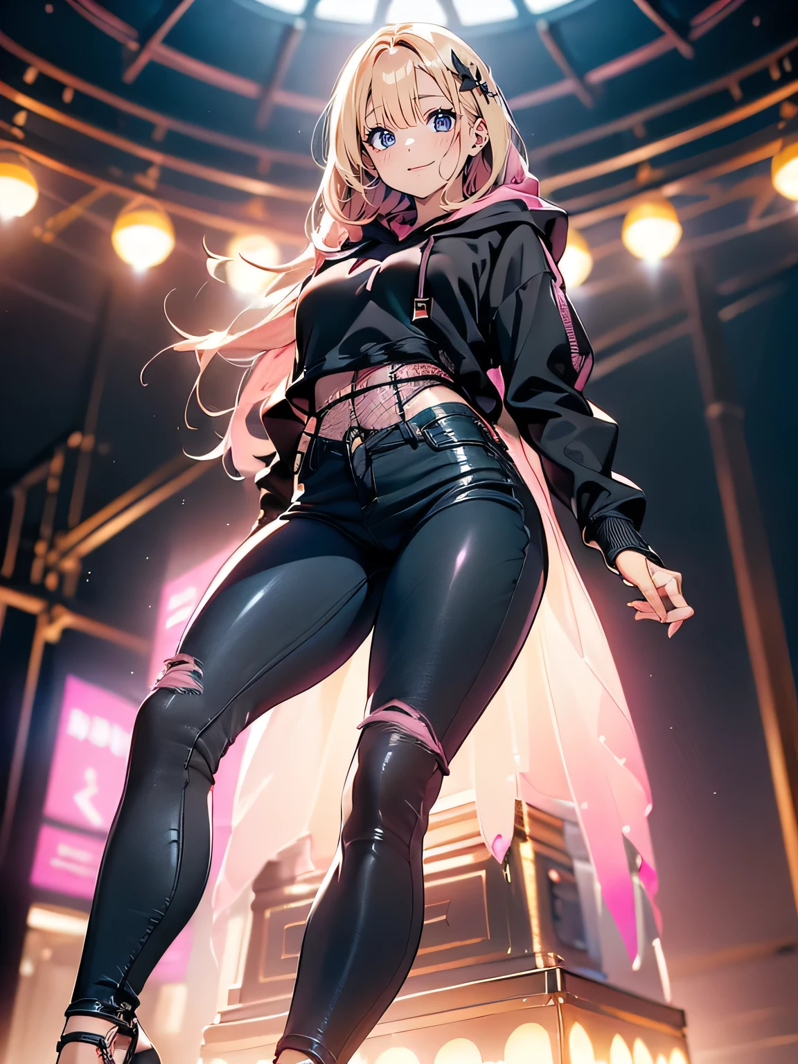 (best quality,4K,8k,high resolution,masterpiece:1.2),super detailed,(actual,realistically,realistically:1.37), Ultra high definition face, ((wearing black hoodie, skinny jeans pants, high heel):1.5), ((glossy lip)), attractive girl, (caramel skin:1.3), jaw-dropping beauty, large breasts, Thin waist and thick hips, hourglass figure, rosy cheeks, (((beautiful blonde hair with pink mesh))), ((pink mesh hair))Alluring with a smile, Bokeh, Dynamic Angle, close arms, Close-up face:1.5, whole body, ((From below:1.5)), (Correct Anatomy:1.6, Ideal body proportions, The right move:1.5, Small hands), in the tokyo city, midjourney