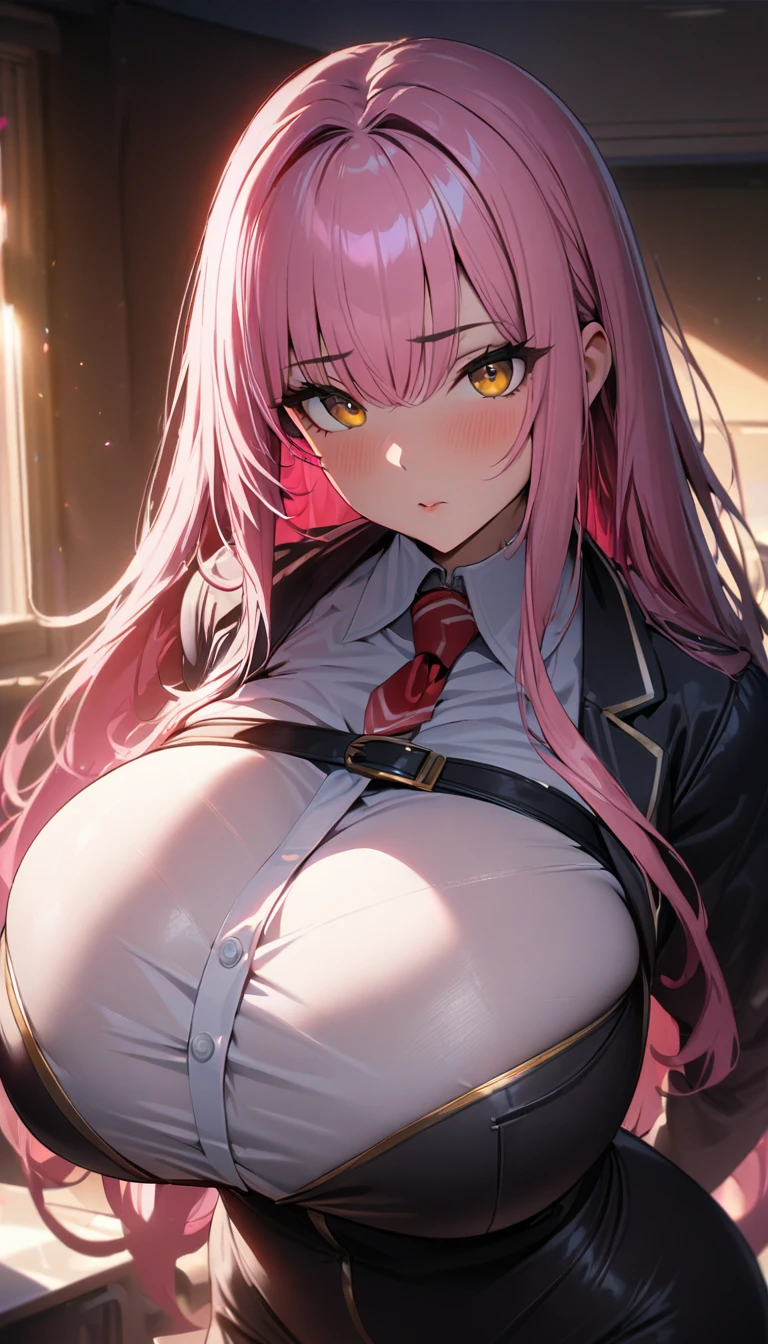 1girl,school,super huge breasts, pink hair,golden eyes,staring coldly,long hair, tight uniform school,body curves (best quality,4k,highres,masterpiece:1.2),ultra-detailed, dramatic lighting,vibrant colors,cinematic