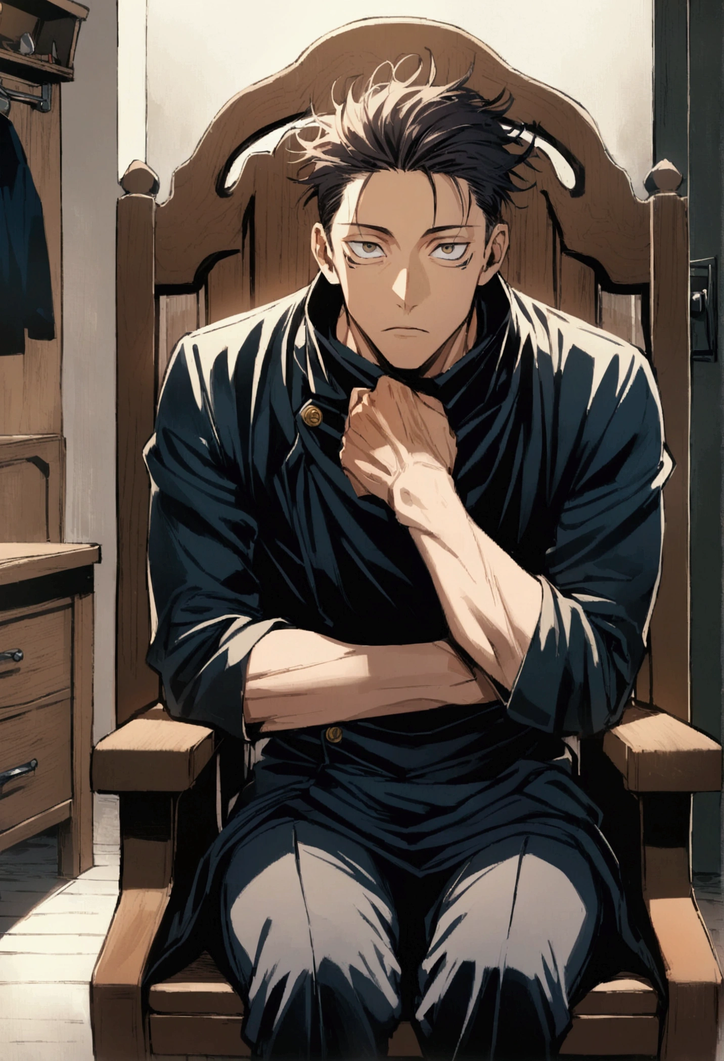 (1 guy,jujutsu kaisen), young looking man, curly dark brown hair, sitting in a chair and infront of a desk, facing viewer, artwork
