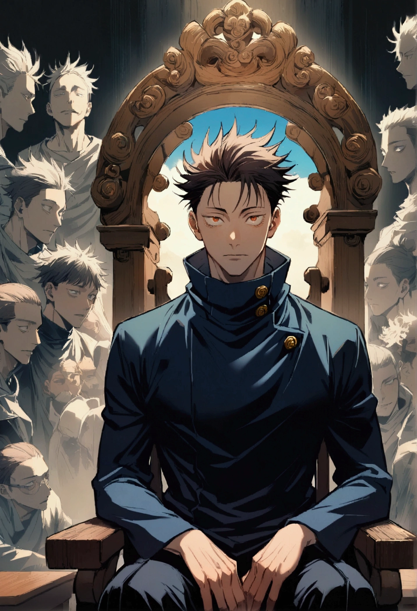 (1 guy,jujutsu kaisen), young looking man, curly dark brown hair, sitting in a chair and infront of a desk, facing viewer, artwork
