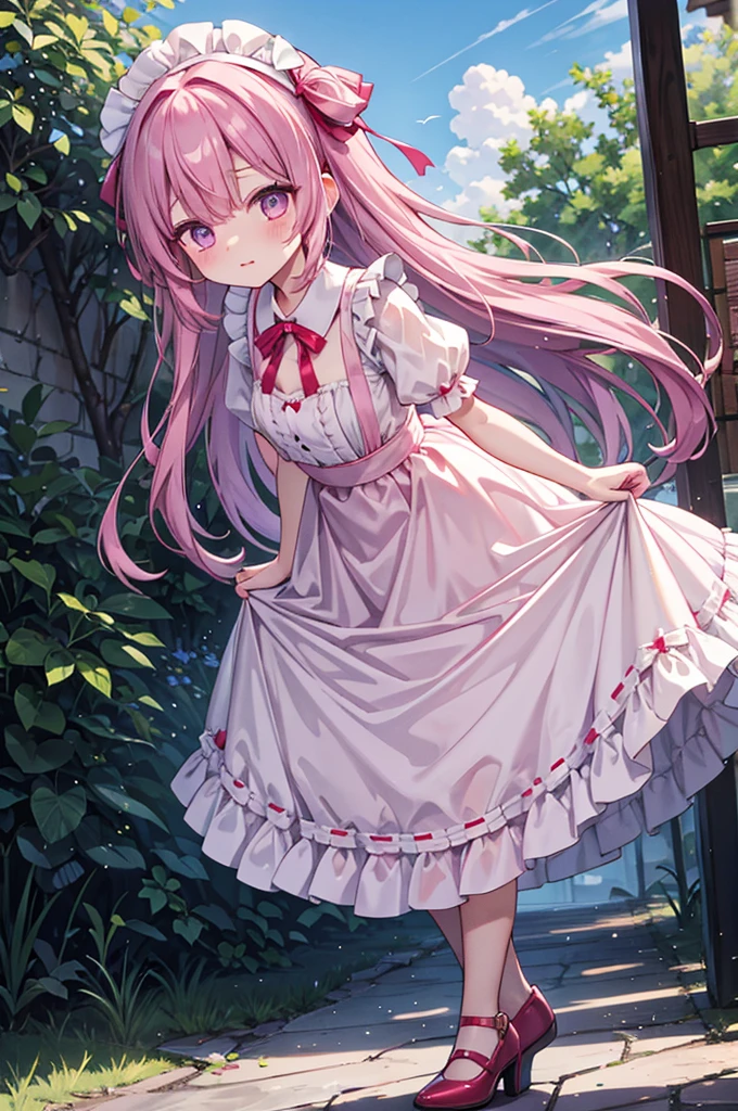 Highest quality、Shiny silk short sleeve puff sleeve pink maid outfit、See-through、Very short skirt、Fluffy red ribbon、A short white ruffled apron、White garter belt with ribbon、Pink high heels with ribbon、Large headband with ribbon、Flushed Cheeks、Embarrassed look、Soaking wet、Strong winds、Overreaching、Facing forward、Looking up from below