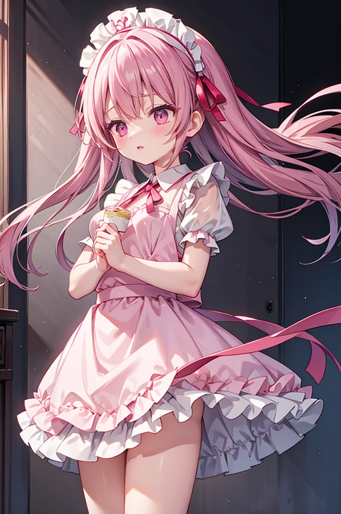 Highest quality、Shiny silk short sleeve puff sleeve pink maid outfit、See-through、Very short skirt、Fluffy red ribbon、A short white ruffled apron、White garter belt with ribbon、Pink high heels with ribbon、Large headband with ribbon、Flushed Cheeks、Embarrassed look、Soaking wet、Strong winds、Overreaching、Facing forward、Looking up from below