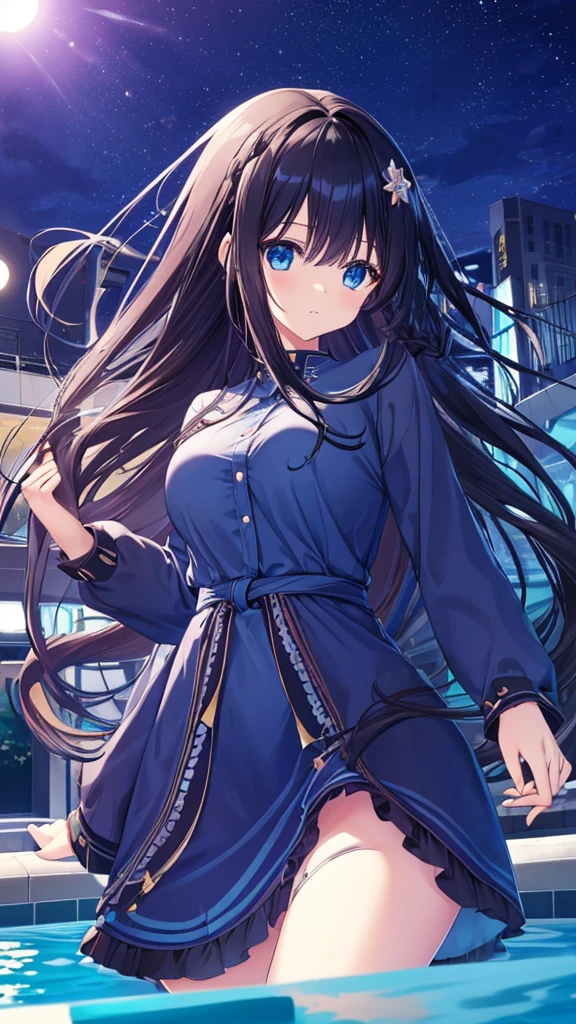 best quality, extremely detailed,anime style girl,long hair down to the waist, straight hair, ((dark black hair with bluish)),braid,beautiful detailed eyes, pinched eyes, (dark blue eyes),huge breasts,curvy,colorful casual clothing,Clothing with complex patterns,hair ornament,((((night pool)))),cool expression,dynamic angle