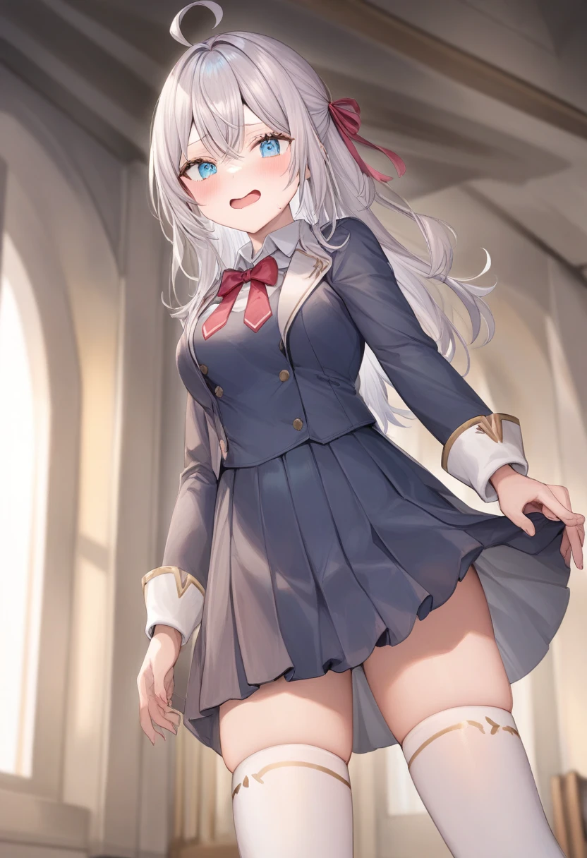 One girl, Alisa Mikhailovna Kujo,Tomorrow, my friend, Arya-san, will be visiting Russia.,alone, Long Hair, Eyebrows visible through hair, Hair between the eyes, Silver Hair, Hair Ribbon, blue eyes, Medium chest, ,White legwear,zettai ryouiki, Long sleeve, Jacket,
From below, The legs are detached from the frame, View your viewers, Blush all over face, In the Darkness of the Church, Mouth closed,
Highest quality, so beautiful, Absurd