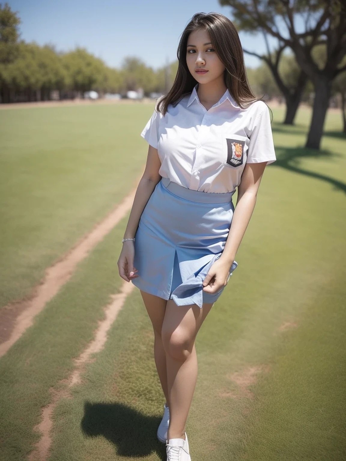 1girl, (uniform), standing, outdoors, detailed face, detailed eyes, thick breasts, shiny skin, tight shirt, grey blue short skirt, looking at the audience, low angle shot,(8k, RAW photo, best quality, masterpiece: 1.2), (realistic, realistic: 1.37), ultra-high resolution