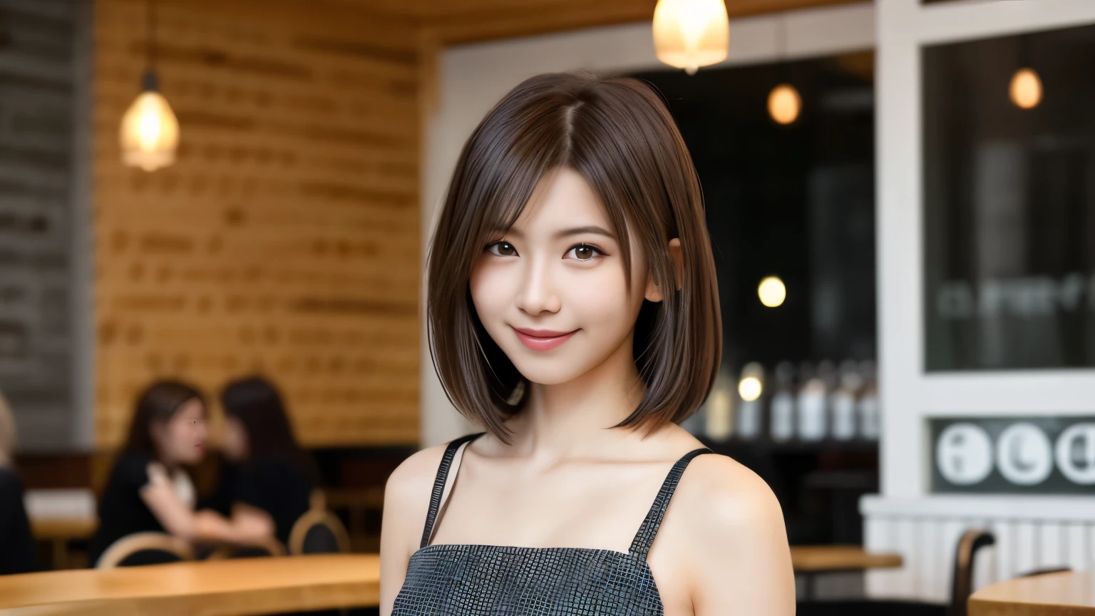 super high quality, Slenderのネックレス, Slender, The staff is working at the counter in the back., (8k、RAW Photos、Highest quality、masterpiece:1.2), Japanese Idol, Stylish café, Fashion magazine photoshoot, (Realistic、Photorealistic:1.37), Urban Cafe, Golden Ratio, Raw photo, Cute face , Light Brown Hair, Small breasts, Bright cafe interior, Blurred Background, Summer clothes, Cafe Terrace, Open Cafe, Photographed inside the cafe, A kind smile, Hair blowing in the wind, Neat clothes, boyish, Very Short Hair, 18-year-old, younger sister, Stylish clothes,