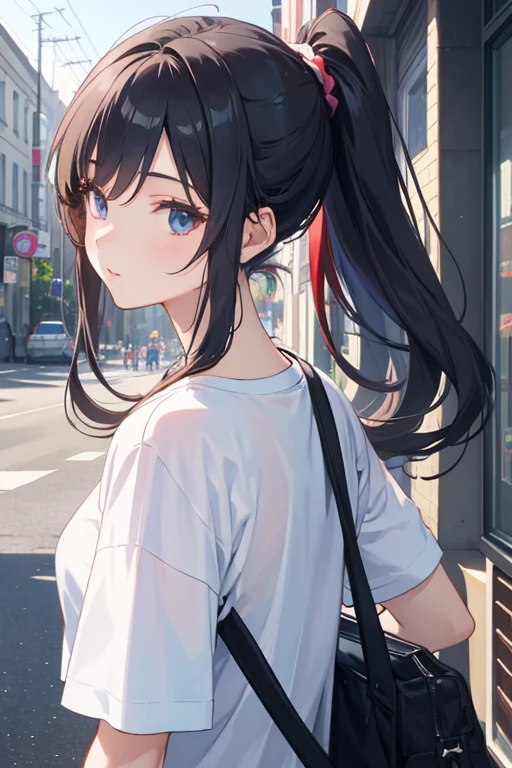 Anime Color 1 Girl, ((17 years old)), street, T-Shirts,, Long wavy ponytail, (masterpiece), (Highly detailed CG Unity 8k wallpaper)