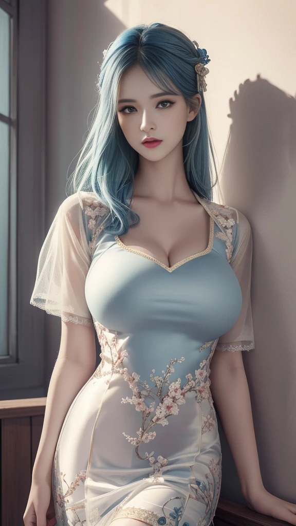 a girl.  face sent feeling.  Europe.  Oval face.  long face.  delicate facial features.  sad eyes.  seductively seductive.  blue eyes.  long straight hair.  blue hair.  Sad and disappointed expression.  big breasts.  silk nightgown.  straight face