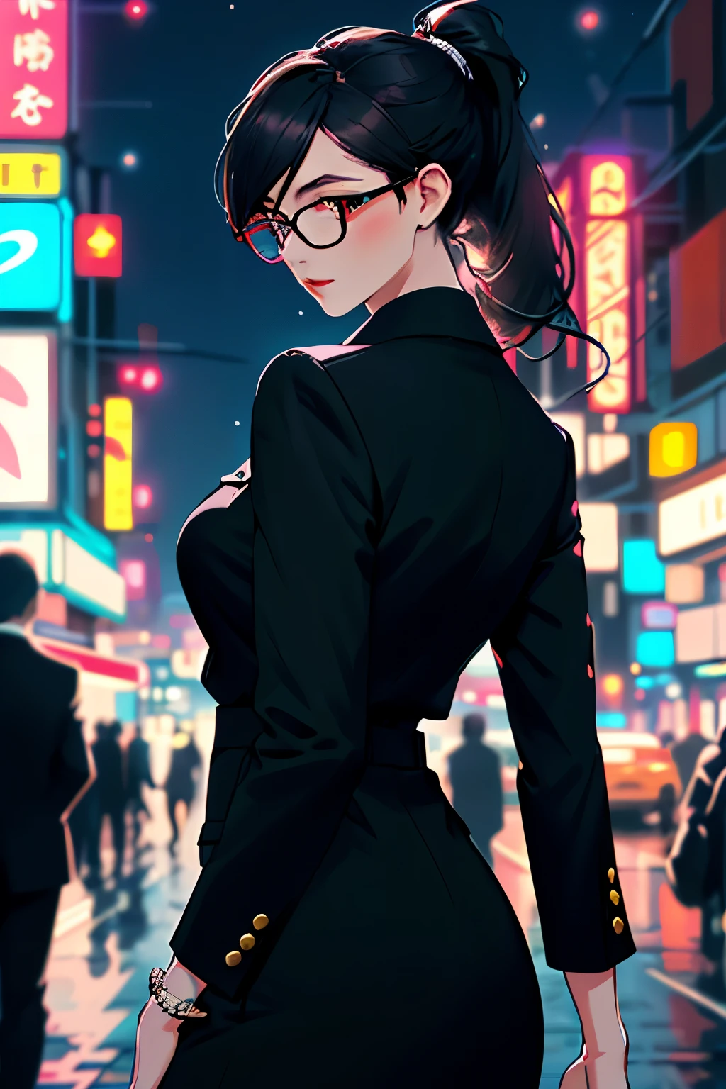 Slender adult woman, with a sleek and elegant silhouette, is depicted in the image. Her hair is styled in a neat ponytail that cascades down her back, held together by a subtle band. She is clad in a fashionable short-sleeve business wear, the fabric gleaming under the evening city lights. The outfit is accentuated by a pair of red glasses perched on her nose, adding a touch of sophistication to her appearance. The scene is set against the backdrop of a bustling evening city, with the towering buildings and neon lights reflecting in her glasses, emphasizing the depth and detail of the image. The overall effect is one of elegance, sophistication
