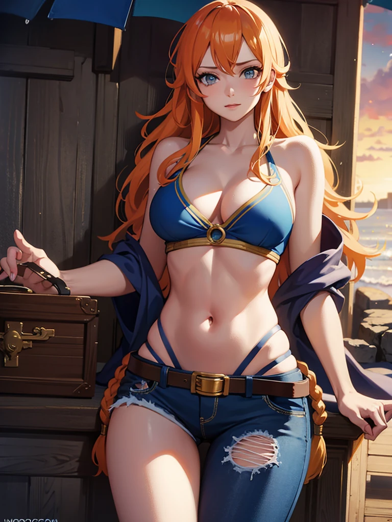 a beautiful 22 years old barefoot topless, well-endowed woman with blue eyes, shoulderlong wavy orange hair, earrings, wearing a blindfold, sitting on a bed, a lot of facial freckles, cheerful.