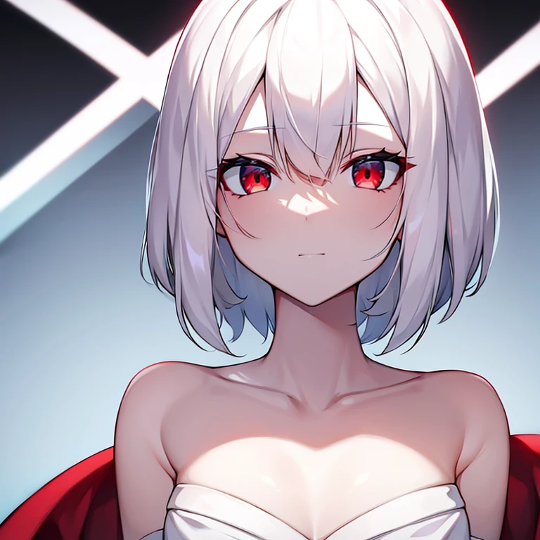 realistic, 1 girl, platinum blonde,medium hair,red eyes,bikini, beach, masterpiece, highest quality, laughter, particles of light, light, wallpaper,