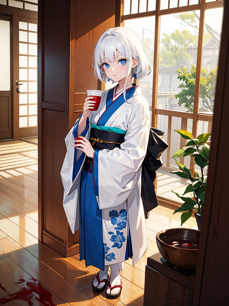, , white hair, wearing japanese kimono, blue colored eyes, holding a cup with blood inside, is in an 80s style office, books around, wood floor.
