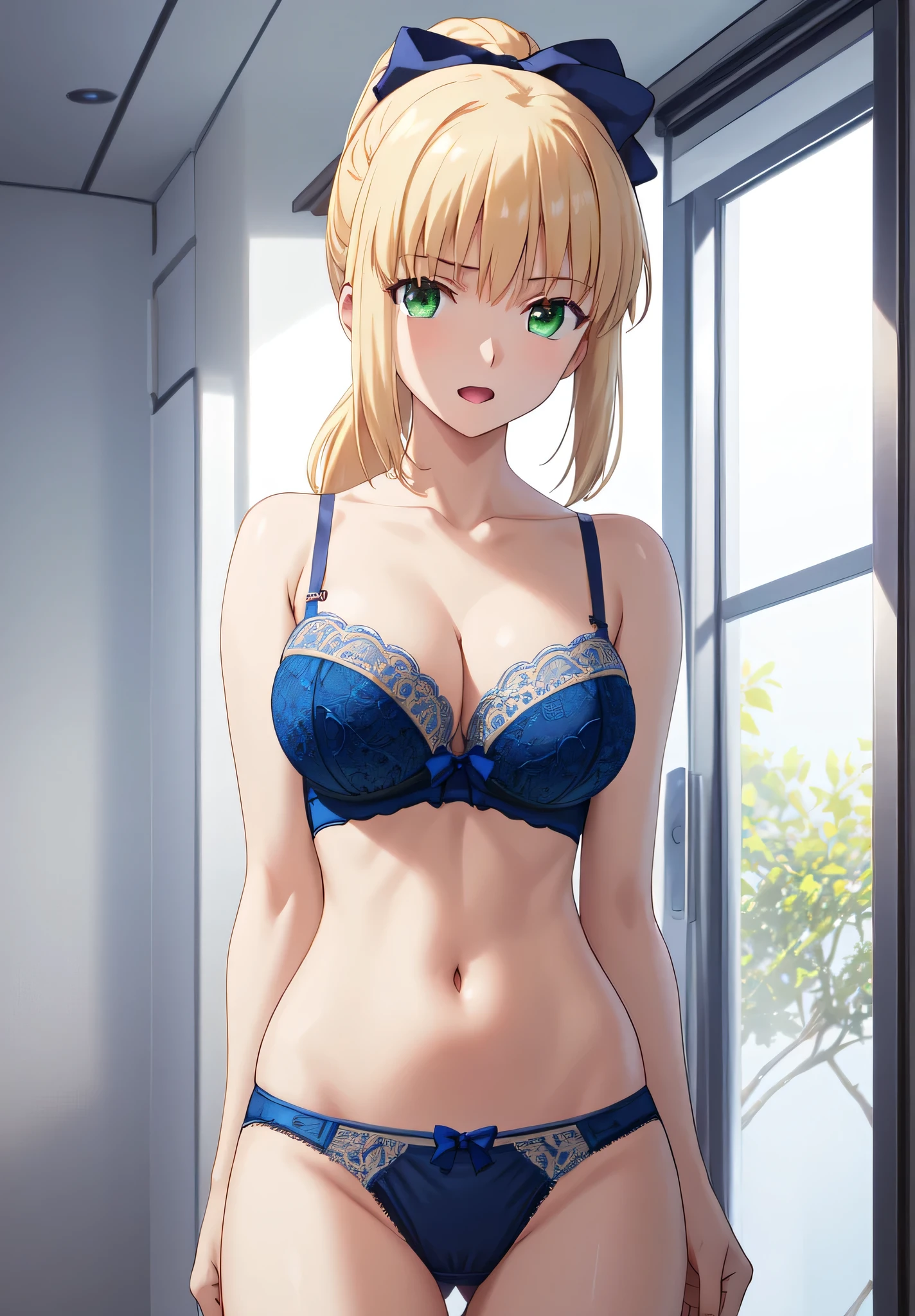 masterpiece、Highest quality、High resolution、ph saver、ph Artoria、Anime Women、solo、bionde、Green Eyes、braided ponytail、bangs、blue bow in hair、Blue bra、Blue Panties、Big Breasts、cleavage、A woman with very large breasts、collarbone、Hair Bun、Open your mouth、bra with an blue、panty with an blue、Upper Body、blue bra with a yellow lace trim、naval、midriff、blue panty with a yellow bow、Cowboy Shot、looking at viewer、Are standing、bra and panty only、