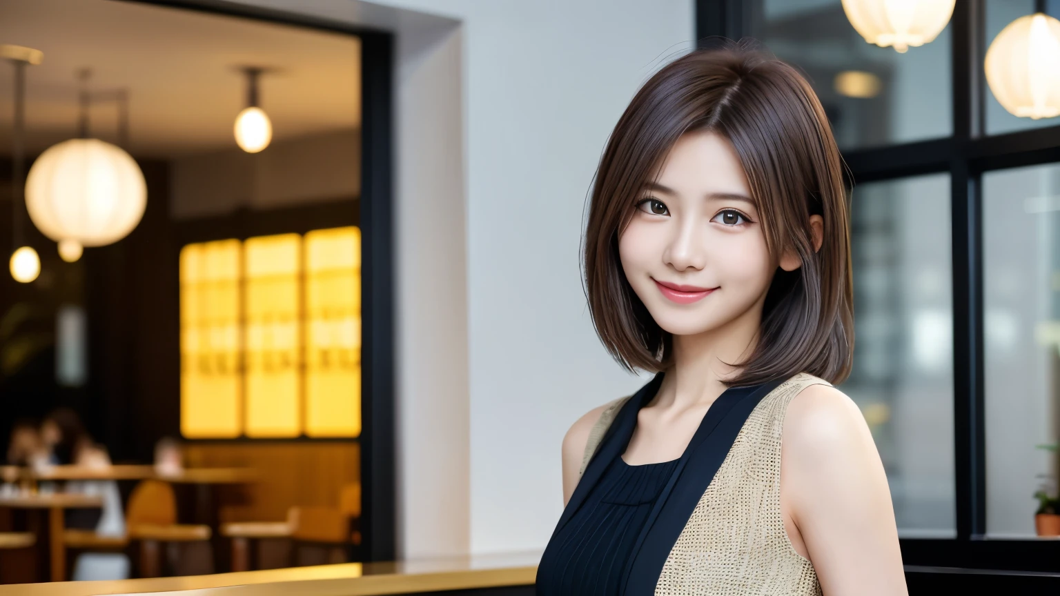 super high quality, Slenderのネックレス, Slender, The staff is working at the counter in the back., (8k、RAW Photos、Highest quality、masterpiece:1.2), Japanese Idol, Stylish café, Fashion magazine photoshoot, (Realistic、Photorealistic:1.37), Urban Cafe, Golden Ratio, Raw photo, Cute face , Light Brown Hair, Small breasts, Bright cafe interior, Blurred Background, Summer clothes, Cafe Terrace, Open Cafe, Photographed inside the cafe, A kind smile, Hair blowing in the wind, Neat clothes, boyish, Very Short Hair, 18-year-old, younger sister, Stylish clothes,