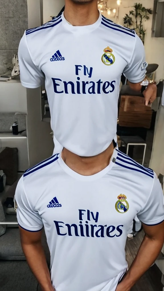 {{{Real Madrid Logo}}}, {{{The name of the jersey sponsor is Fly Emirates.}}}, night, light, {{white adidas soccer jersey}}, {{{best quality}}}, {{{realistic}}}, Detailed facial description, realistic 눈동자, Handsome man, realistic 유니폼 주름