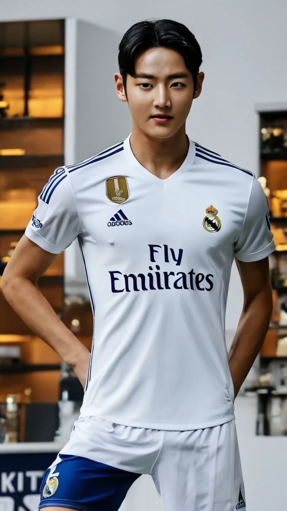 {{{Real Madrid Logo}}}, {{{The name of the jersey sponsor is Fly Emirates.}}}, night, light, {{white adidas soccer jersey}}, {{{best quality}}}, {{{realistic}}}, Detailed facial description, realistic 눈동자, Handsome man, realistic 유니폼 주름