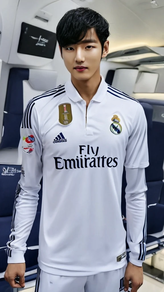 {{{Real Madrid Logo}}}, {{{The name of the jersey sponsor is Fly Emirates.}}}, night, light, {{white adidas soccer jersey}}, {{{best quality}}}, {{{realistic}}}, Detailed facial description, realistic 눈동자, Handsome man, realistic 유니폼 주름