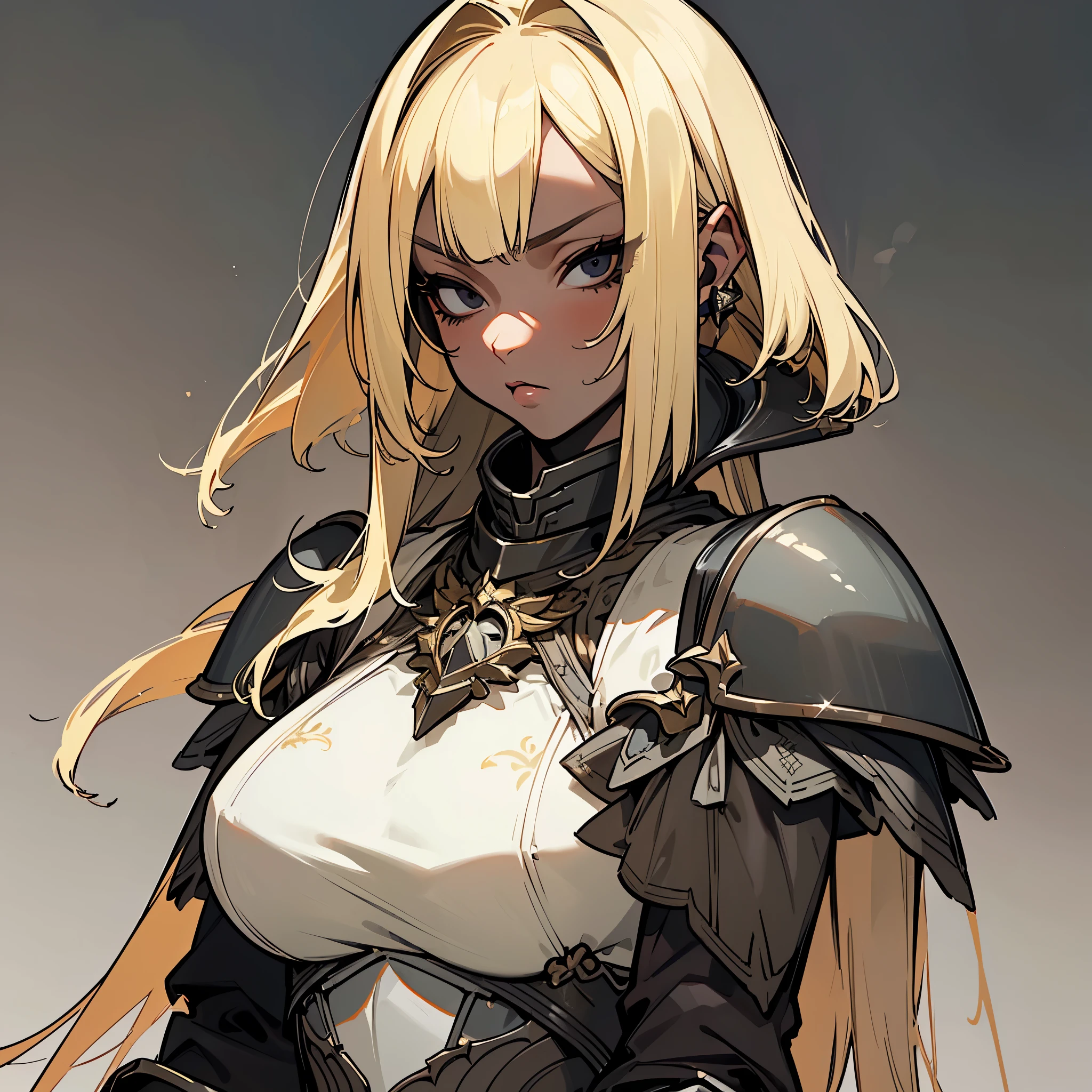 (top quality, masterpiece) 1 woman, adult, full-length character, ((light-skinned woman, blond bob hair, hair hangs over ears)) black eyes, huge breasts ((black armor, knight style, dark iron details)) (tavern background) (serious look)
