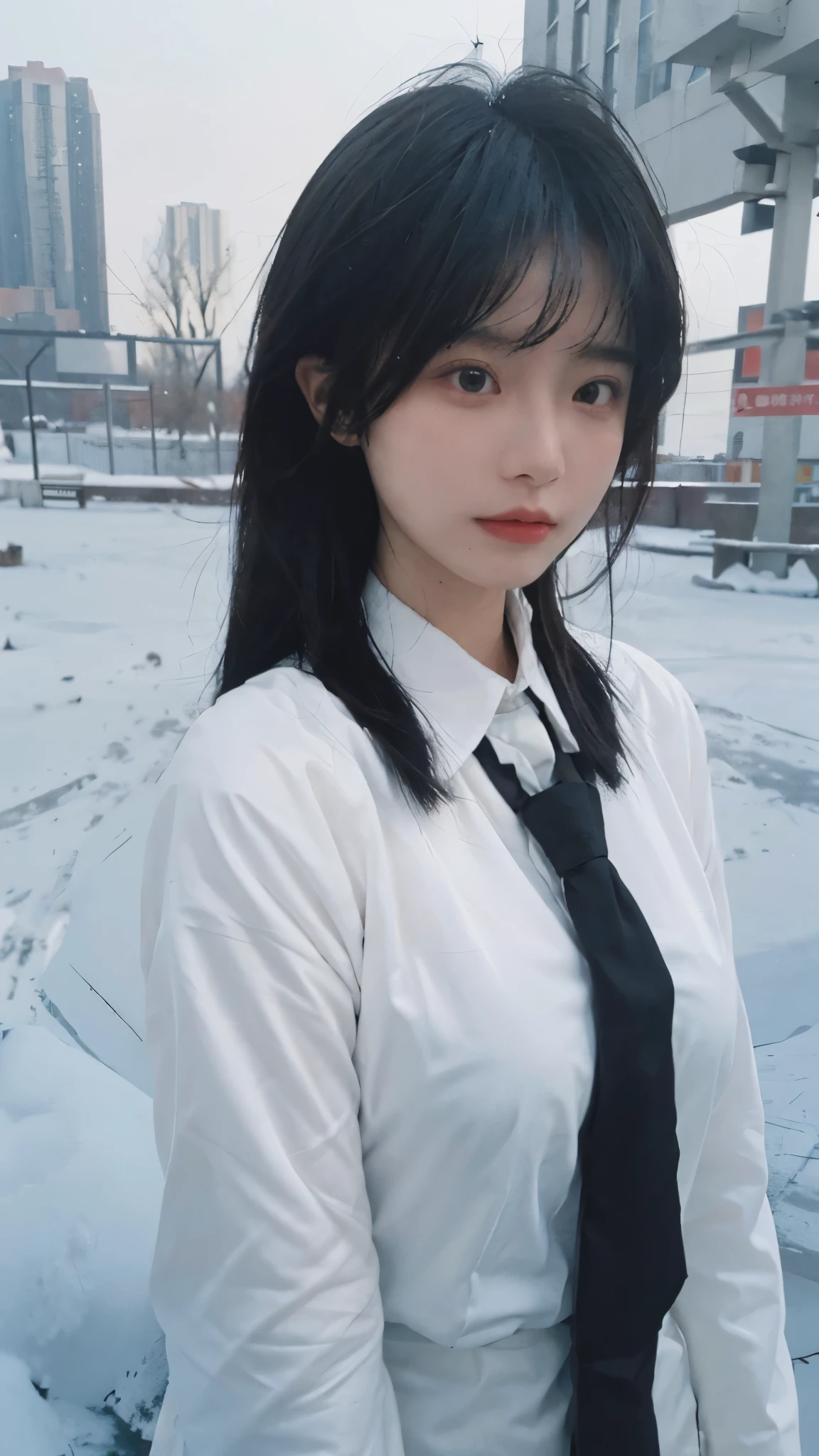 Best quality,masterpiece,Ultra-high resolution,snow,16K,Snow background,(Photo Realism:1.4),1 Girl,JK,Sexy,(Shirt and Tie:1.2),(Big breasts:1.3),(Upper body:1.4)