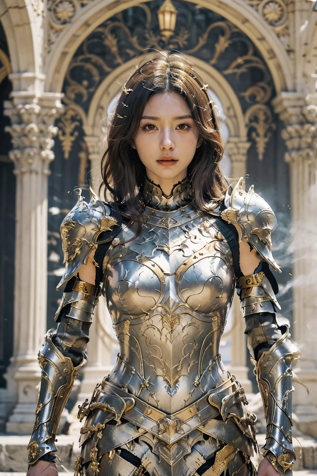 A woman in armor posing, Bikini Armor 女骑士, Armor Girl, , Bikini Armor, Metal Armor，Heavy armor，Metallic Bikini，metal breastplate，Metal trousers，Metallic armor，Gorgeous female paladin,Amazing Armor， Heavy shoulder armor，Heavy leg nails，Heavy Armor，Perfect face，Stunningly beautiful，Fantasy Warrior, Light black armor, fantasy paladin woman,Bare belly，Sexy abdominal muscles，fair,Dynamic poses, Delicate face, Vibrant eyes, High Detail Skin, Realistic skin details, Visible pores, Sharp focus, Volumetric Fog, 8k ultra high definition, SLR camera, high quality, Photorealism, Photorealism, Photography, ((8k, Raw, masterpiece: 1.4)), (Professional Photography, sharp:1.2), ((Portrait shoot)), Perfect dynamic composition, (Natural sunlight), (soft shadow), (Perfect body:1.4, Slim abdominal muscles:1.2), Ultra-detailed face and skin, Perfect Asian, White skin, (Delicate skin:1.3), (Perfect glowing skin:0.6), beautiful eyes, Round eyes, Pretty Face, blush, Glossy lips, High nose bridge, Shiny eyes, 比例Perfect face, Real moist skin, Exquisite expression, looking at camera，Smile
