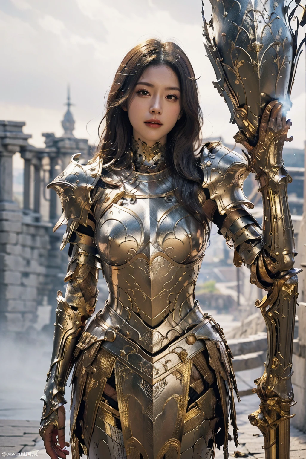 A woman in armor posing, Bikini Armor 女骑士, Armor Girl, , Bikini Armor, Metal Armor，Heavy armor，Metallic Bikini，metal breastplate，Metal trousers，Metallic armor，Gorgeous female paladin,Amazing Armor， Heavy shoulder armor，Heavy leg nails，Heavy Armor，Perfect face，Stunningly beautiful，Fantasy Warrior, Light black armor, fantasy paladin woman,Bare belly，Sexy abdominal muscles，fair,Dynamic poses, Delicate face, Vibrant eyes, High Detail Skin, Realistic skin details, Visible pores, Sharp focus, Volumetric Fog, 8k ultra high definition, SLR camera, high quality, Photorealism, Photorealism, Photography, ((8k, Raw, masterpiece: 1.4)), (Professional Photography, sharp:1.2), ((Portrait shoot)), Perfect dynamic composition, (Natural sunlight), (soft shadow), (Perfect body:1.4, Slim abdominal muscles:1.2), Ultra-detailed face and skin, Perfect Asian, White skin, (Delicate skin:1.3), (Perfect glowing skin:0.6), beautiful eyes, Round eyes, Pretty Face, blush, Glossy lips, High nose bridge, Shiny eyes, 比例Perfect face, Real moist skin, Exquisite expression, looking at camera，Smile
