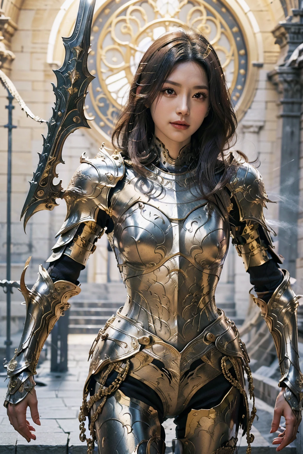 A woman in armor posing, Bikini Armor 女骑士, Armor Girl, , Bikini Armor, Metal Armor，Heavy armor，Metallic Bikini，metal breastplate，Metal trousers，Metallic armor，Gorgeous female paladin,Amazing Armor， Heavy shoulder armor，Heavy leg nails，Heavy Armor，Perfect face，Stunningly beautiful，Fantasy Warrior, Light black armor, fantasy paladin woman,Bare belly，Sexy abdominal muscles，fair,Dynamic poses, Delicate face, Vibrant eyes, High Detail Skin, Realistic skin details, Visible pores, Sharp focus, Volumetric Fog, 8k ultra high definition, SLR camera, high quality, Photorealism, Photorealism, Photography, ((8k, Raw, masterpiece: 1.4)), (Professional Photography, sharp:1.2), ((Portrait shoot)), Perfect dynamic composition, (Natural sunlight), (soft shadow), (Perfect body:1.4, Slim abdominal muscles:1.2), Ultra-detailed face and skin, Perfect Asian, White skin, (Delicate skin:1.3), (Perfect glowing skin:0.6), beautiful eyes, Round eyes, Pretty Face, blush, Glossy lips, High nose bridge, Shiny eyes, 比例Perfect face, Real moist skin, Exquisite expression, looking at camera，Smile
