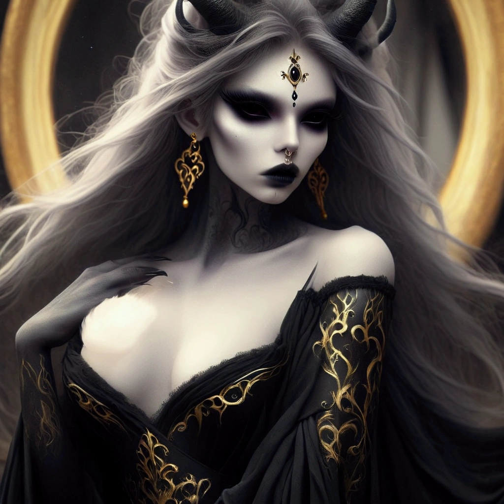 arafed woman with a black dress and gold jewelry in front of a mirror, beautiful elegant demon queen, ((a beautiful fantasy empress)), beautiful sorceress, a beautiful sorceress, a beautiful fantasy empress, portrait of a dark goddess, portrait of a sorceress, in style of dark fantasy art, dark fantasy style art, gothic fantasy art