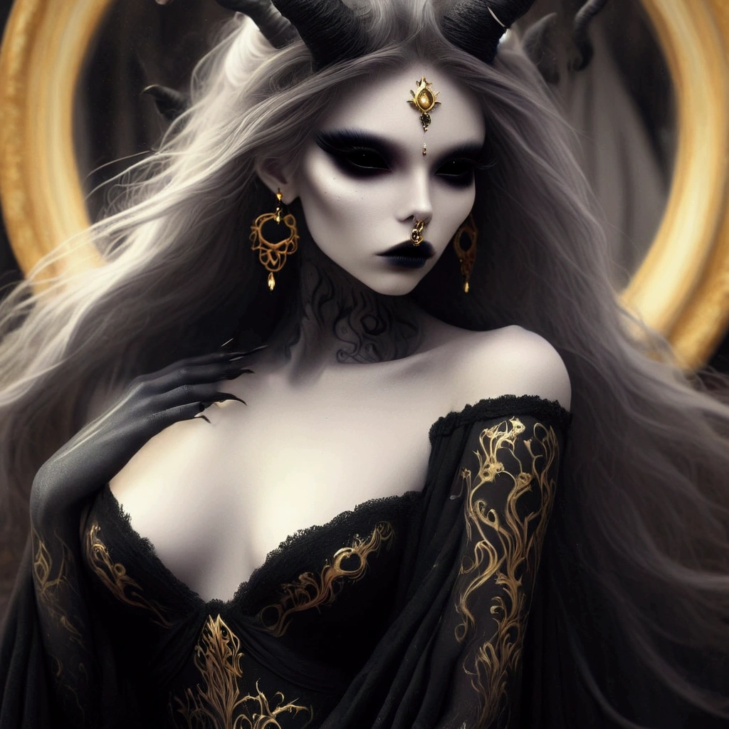 arafed woman with a black dress and gold jewelry in front of a mirror, beautiful elegant demon queen, ((a beautiful fantasy empress)), beautiful sorceress, a beautiful sorceress, a beautiful fantasy empress, portrait of a dark goddess, portrait of a sorceress, in style of dark fantasy art, dark fantasy style art, gothic fantasy art