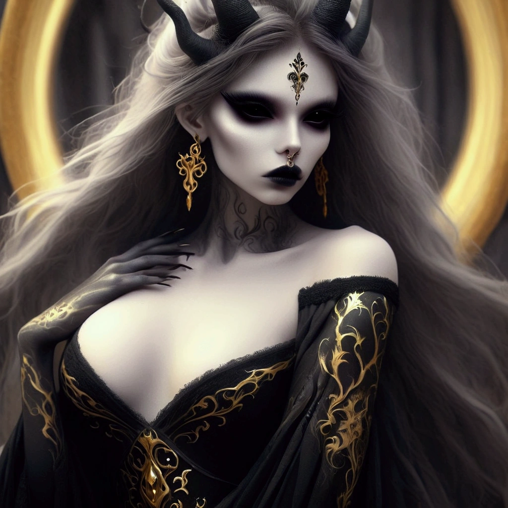 arafed woman with a black dress and gold jewelry in front of a mirror, beautiful elegant demon queen, ((a beautiful fantasy empress)), beautiful sorceress, a beautiful sorceress, a beautiful fantasy empress, portrait of a dark goddess, portrait of a sorceress, in style of dark fantasy art, dark fantasy style art, gothic fantasy art