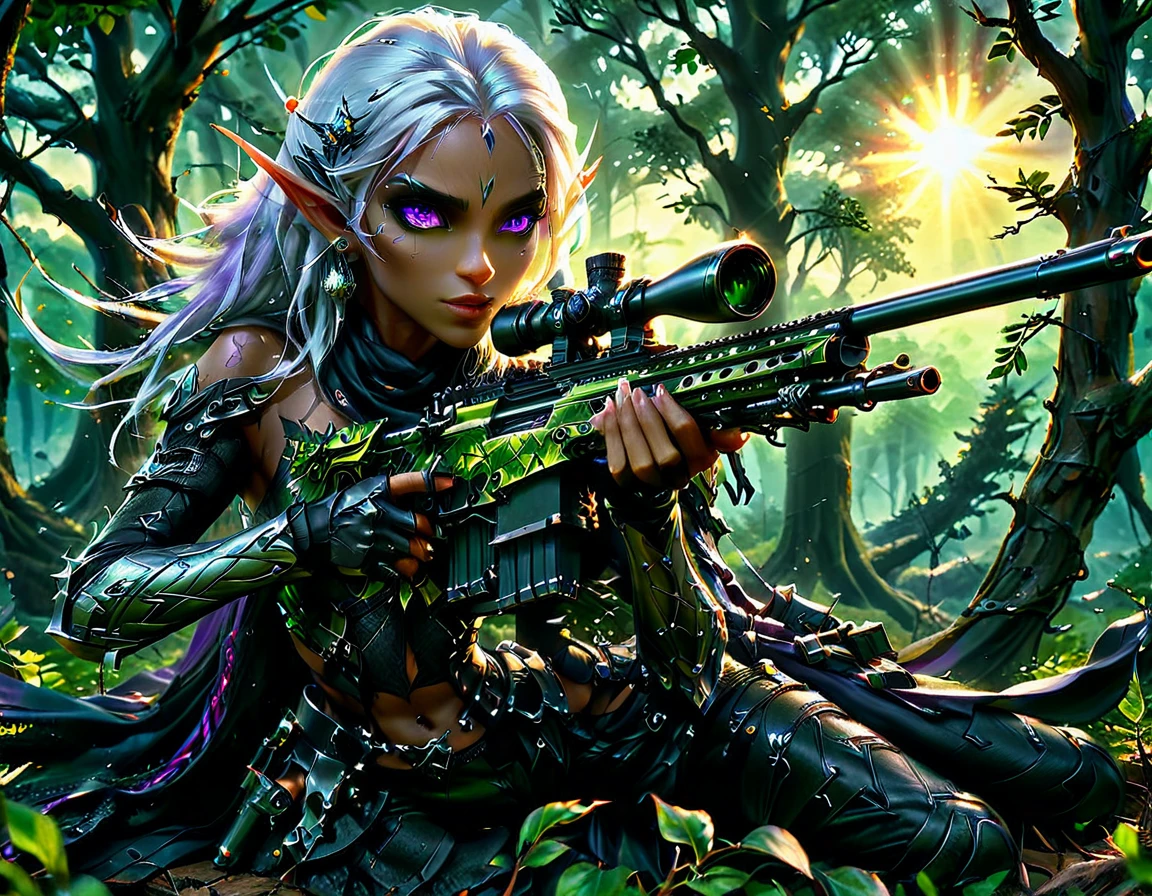 a portrait picture of a 1single female drow elf sniper, lying on a tree branch aiming a sniper rifle, an exotic beautiful elf sniper, white hair, braided hair, (black skin: 1.3),  intense purple eyes, ultra detailed face, small pointed ears, forest green camouflage cloths, on top of a epic fantasy tree, aiming a Barret M82, fantasy fores background, its sunset, sun rays, some clouds,  (full body shot: 1.1), ((anatomically correct: 1.4)) vibrant, Ultra-high resolution, High Contrast, (masterpiece:1.5), highest quality, Best aesthetics), best details, best quality, highres, ultra wide angle, 16k, [ultra detailed], masterpiece, best quality, (extremely detailed) Sniper Rifle, Intense gaze
