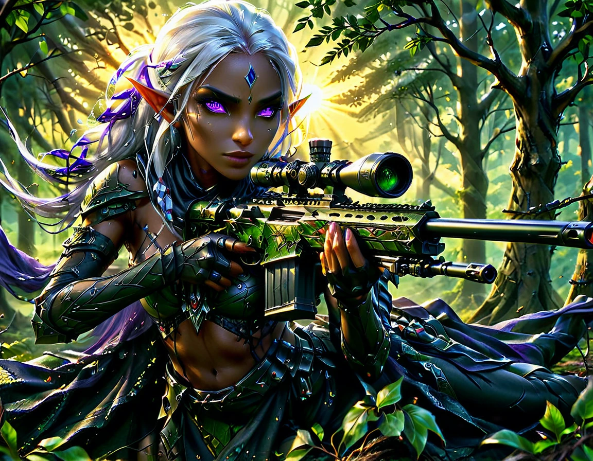 a portrait picture of a 1single female drow elf sniper, lying on a tree branch aiming a sniper rifle, an exotic beautiful elf sniper, white hair, braided hair, (black skin: 1.3),  intense purple eyes, ultra detailed face, small pointed ears, forest green camouflage cloths, on top of a epic fantasy tree, aiming a Barret M82, fantasy fores background, its sunset, sun rays, some clouds,  (full body shot: 1.1), ((anatomically correct: 1.4)) vibrant, Ultra-high resolution, High Contrast, (masterpiece:1.5), highest quality, Best aesthetics), best details, best quality, highres, ultra wide angle, 16k, [ultra detailed], masterpiece, best quality, (extremely detailed) Sniper Rifle, Intense gaze
