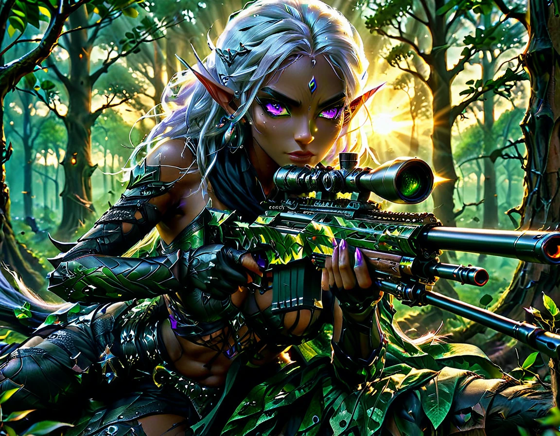 a portrait picture of a 1single female drow elf sniper, lying on a tree branch aiming a sniper rifle, an exotic beautiful elf sniper, white hair, braided hair, (black skin: 1.3),  intense purple eyes, ultra detailed face, small pointed ears, forest green camouflage cloths, on top of a epic fantasy tree, aiming a Barret M82, fantasy fores background, its sunset, sun rays, some clouds,  (full body shot: 1.1), ((anatomically correct: 1.4)) vibrant, Ultra-high resolution, High Contrast, (masterpiece:1.5), highest quality, Best aesthetics), best details, best quality, highres, ultra wide angle, 16k, [ultra detailed], masterpiece, best quality, (extremely detailed) Sniper Rifle, Intense gaze
