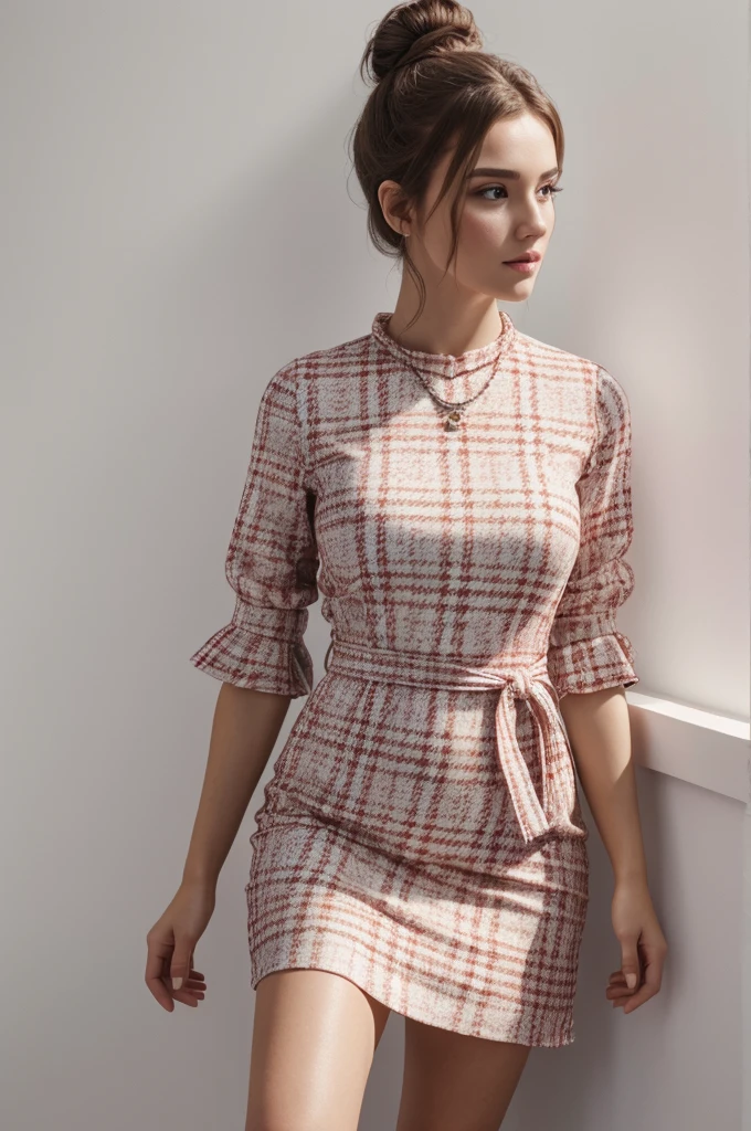 Real Photo,High Definition,Insanely Detailed,Ultra HD,Full Body,Extremely Realistic, Extremely Beautiful,Super Quality,Digital Art,Super Detailed,Amazing,A Beautiful young woman woman wearing a white and red plaid dress, standing against a white wall. She has her left hand on her hip and her right hand resting on her thigh. Her hair is styled in a bun,sharp and soft focus,8K octane display,5D Unreal Engine,perfect contrast,high definition picture,4K,HR,Ultra FHD,4D,8K