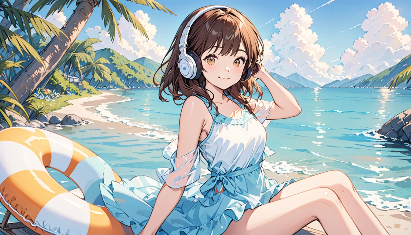 Girl wearing headphones,Brown Hair,1 person,bright,Detailed Background,smile,relax,Lying on a swim ring on the sea