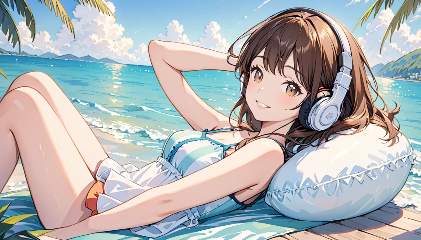 Girl wearing headphones,Brown Hair,1 person,bright,Detailed Background,smile,relax,Lying on a swim ring on the sea