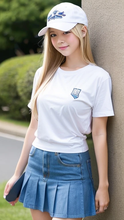 A cute Japanese junior high school student is wearing a tight fitting white T-shirt、Straight long hair, blonde、Wearing a cap
