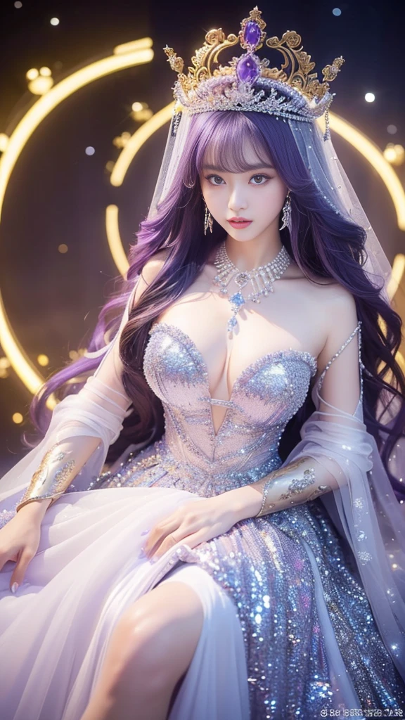 (masterpiece、highest quality、Best image quality、8K、Award-winning works)、一位goddess、(Most luxurious, shiny, Deluxe Giant Costume:1.1)、(The most luxurious and highest quality giant tiara:1.1)、(The most luxurious and highest quality giant necklace:1.1)、(A top-class goddess costume with a beautiful purple and white gradation:1.2)、(goddess's elaborately decorated costume shines in purple and white..:1.1)、(絶妙な紫と白のグラデーションが美しいhighest qualityのgoddessコスチューム:1.1)、Upper body photo、(Look at me with your best smile:1.2)、Large Breasts、Beautiful transparent sleeves of the highest quality、(High quality transparent sleeve with jewel embellishment:1.1)、Publish a'Shoulder、Stand gracefully、(The most luxurious ice palace background:1.4)、(most exquisite、The most luxurious ice palace cathedral:1.3)、(The most mysterious giant ice palace:1.4)、(The most beautiful cathedral,Made of crystal clear ice:1.4)、(Beautiful transparent ice:1.1)、(Mysterious fairy tale light blue fog:1.15)、The background is a well-designed ice palace、Beautiful ice ceiling、(宫殿内部背景由错综复杂的shiny透明冰制成:1.4)、(Elegant palace columns made of ice:1.05)、Most complex、Most luxurious的装饰、(Lots of jewelry:1.1)、最もComplex and detailed backgrounds、(That'That'it'Snowing:1.1)、fine shiny snow、(Tyndall effect:1.1)、Subtle shiny snow、Spectacular lighting、Perfect makeup、Long eyelashes、Beautiful eye shadow、(Accurate anatomy:1.1)、Natural forehead、Complex and detailed backgrounds、The subtlest glimmer、Deep background、Low contrast、Surrounded by soft lighting、(Body facing forward:1.1)、(Please put your arms down:1.1)