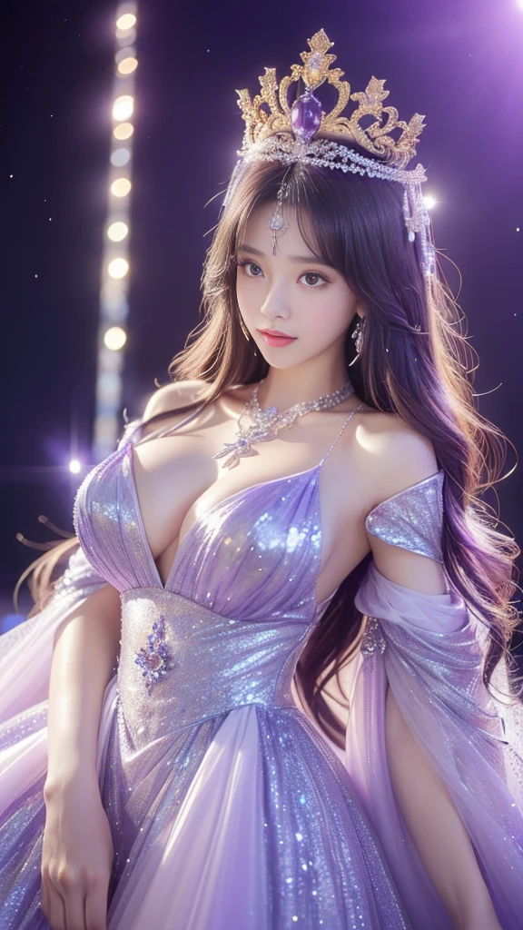 (masterpiece、highest quality、Best image quality、8K、Award-winning works)、一位goddess、(Most luxurious, shiny, Deluxe Giant Costume:1.1)、(The most luxurious and highest quality giant tiara:1.1)、(The most luxurious and highest quality giant necklace:1.1)、(A top-class goddess costume with a beautiful purple and white gradation:1.2)、(goddess's elaborately decorated costume shines in purple and white..:1.1)、(絶妙な紫と白のグラデーションが美しいhighest qualityのgoddessコスチューム:1.1)、Upper body photo、(Look at me with your best smile:1.2)、Large Breasts、Beautiful transparent sleeves of the highest quality、(High quality transparent sleeve with jewel embellishment:1.1)、Publish a'Shoulder、Stand gracefully、(The most luxurious ice palace background:1.4)、(most exquisite、The most luxurious ice palace cathedral:1.3)、(The most mysterious giant ice palace:1.4)、(The most beautiful cathedral,Made of crystal clear ice:1.4)、(Beautiful transparent ice:1.1)、(Mysterious fairy tale light blue fog:1.15)、The background is a well-designed ice palace、Beautiful ice ceiling、(宫殿内部背景由错综复杂的shiny透明冰制成:1.4)、(Elegant palace columns made of ice:1.05)、Most complex、Most luxurious的装饰、(Lots of jewelry:1.1)、最もComplex and detailed backgrounds、(That'That'it'Snowing:1.1)、fine shiny snow、(Tyndall effect:1.1)、Subtle shiny snow、Spectacular lighting、Perfect makeup、Long eyelashes、Beautiful eye shadow、(Accurate anatomy:1.1)、Natural forehead、Complex and detailed backgrounds、The subtlest glimmer、Deep background、Low contrast、Surrounded by soft lighting、(Body facing forward:1.1)、(Please put your arms down:1.1)