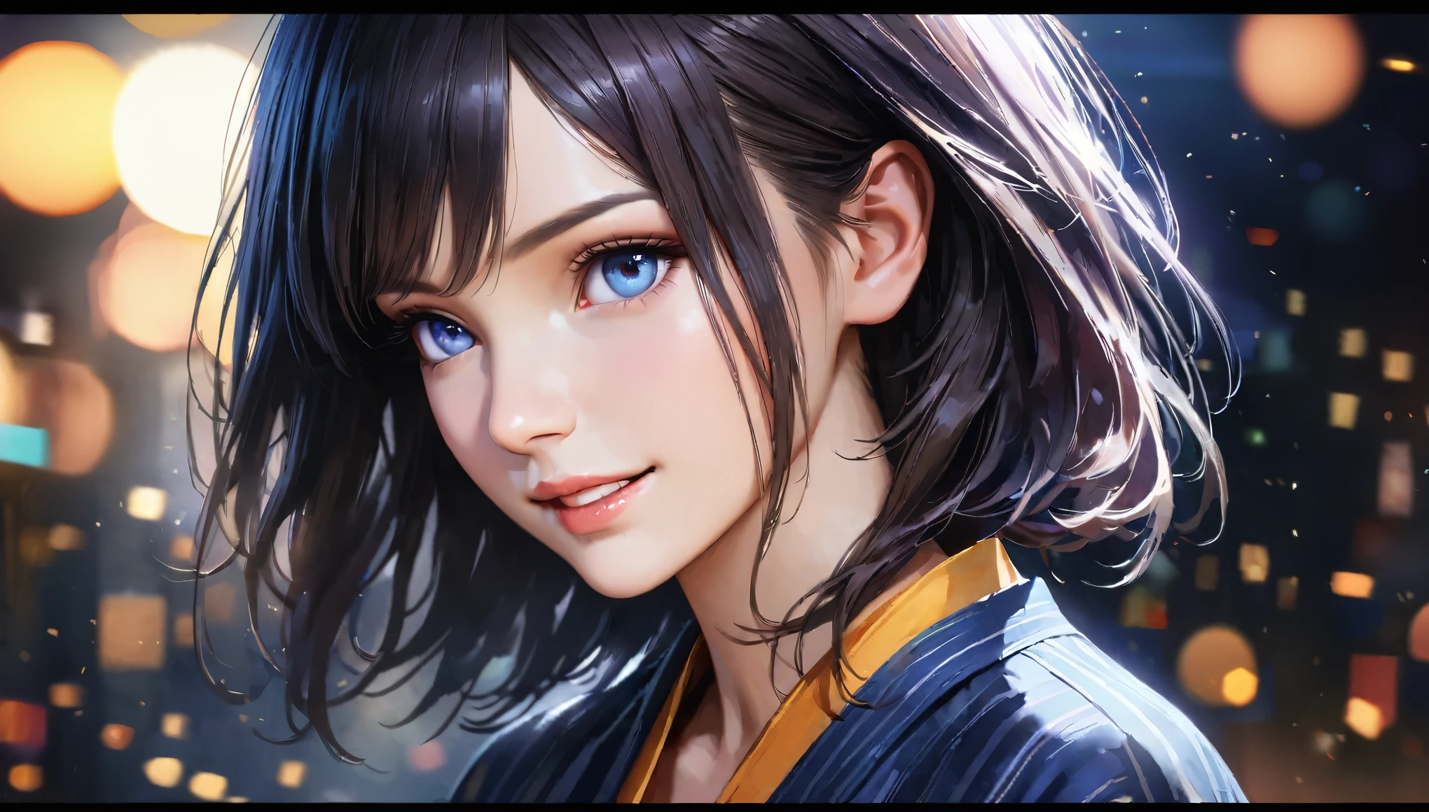 a beautiful girl wearing a yukata standing under the night sky looking at the stars, smiling with a sparkling effect, 1girl, detailed face, beautiful eyes, detailed lips, long eyelashes, medium: digital painting, vibrant colors, cinematic lighting, dreamlike, photorealistic, 8k, best quality, masterpiece:1.2, ultra-detailed, realistic:1.37, HDR, UHD, studio lighting, ultra-fine painting, sharp focus, physically-based rendering, extreme detail description, professional, vivid colors, bokeh